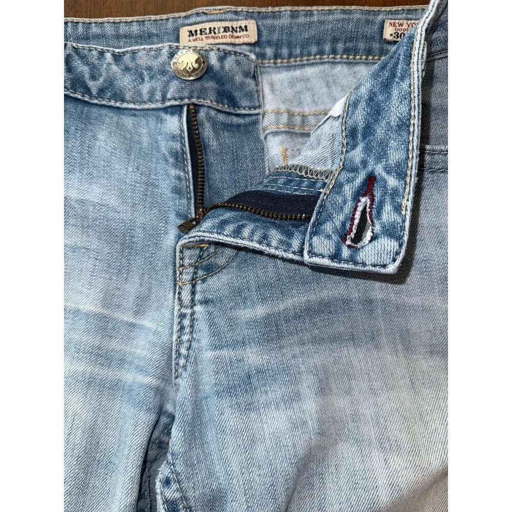 Mek Denim New York Bootcut Jeans 30x34L Light Wash Distressed Flap Pockets Y2K